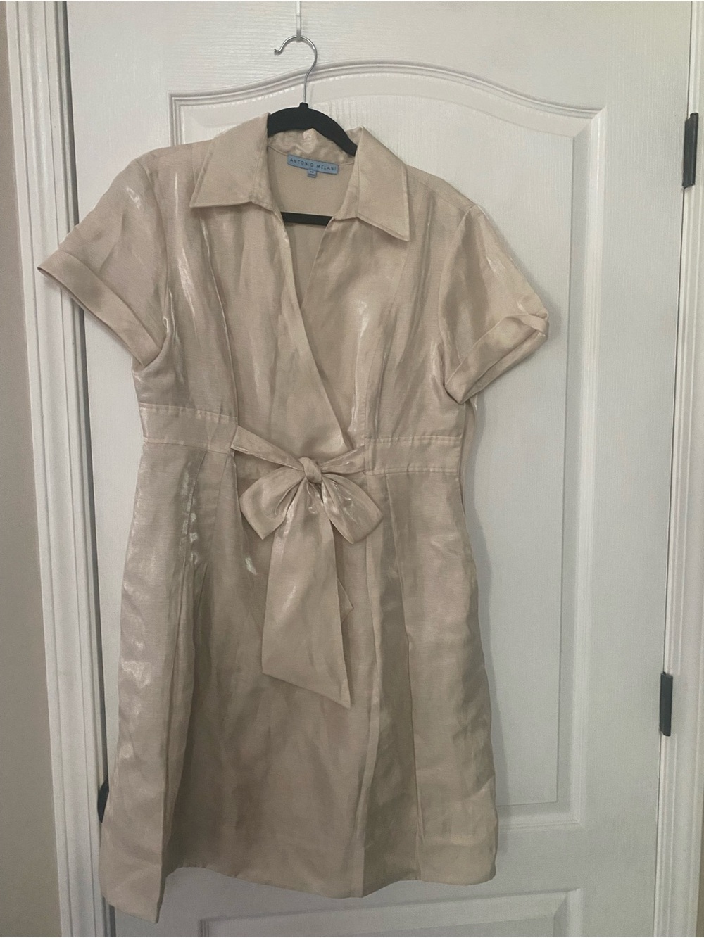 ANTONIO MELANI Champagne Satin Collared Wrap Dress
